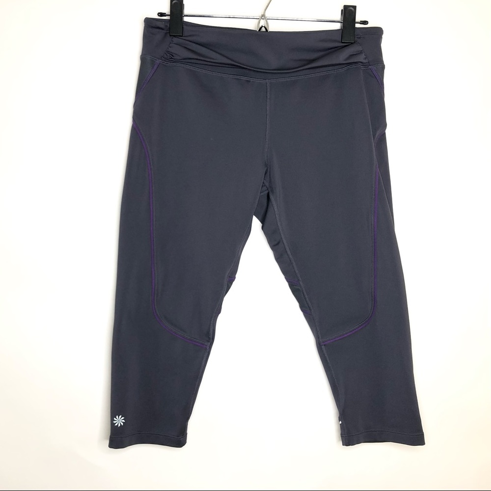 ATHLETA quick step capri leggings gray with purple cord. Front waist ove…